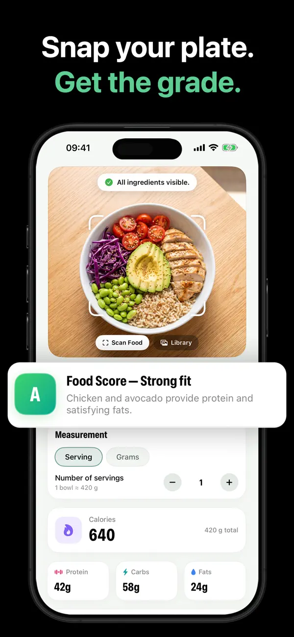 Scanning a chicken and avocado bowl with the SnapFood AI food scanner — Food Score A with calories, protein, carbs and fat