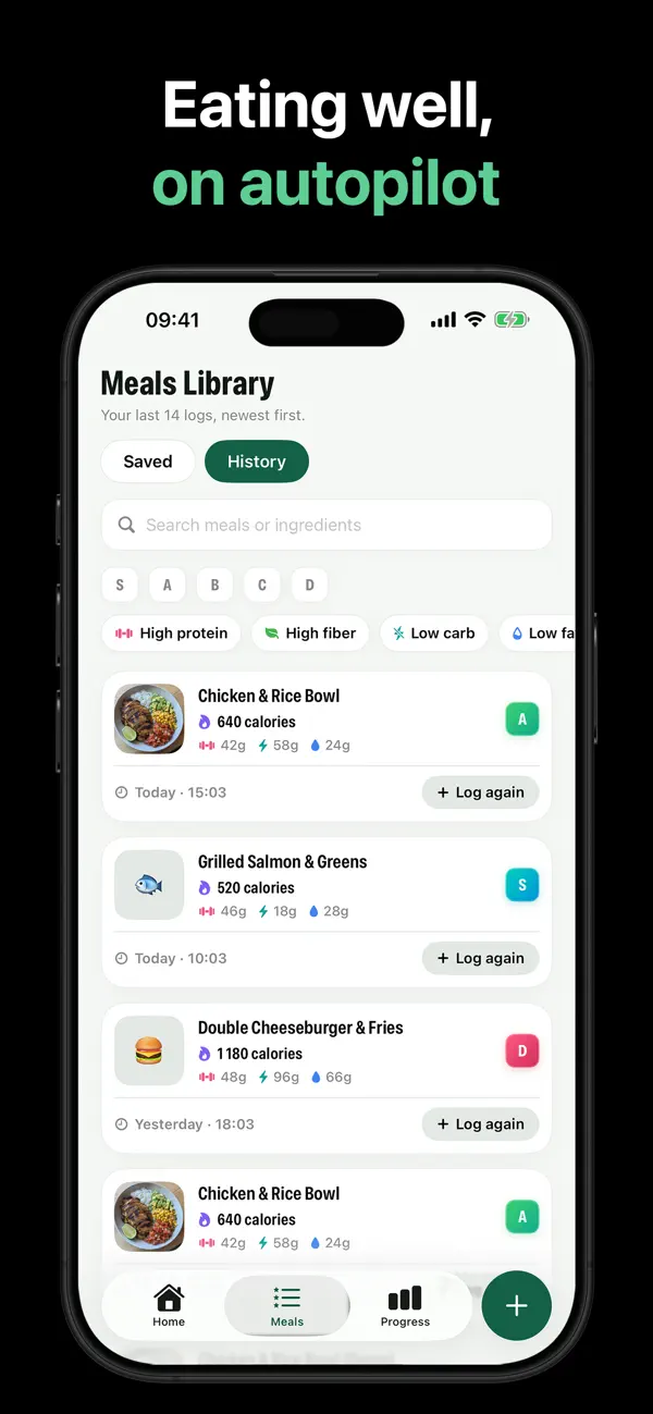 Meals library with logged meals, calories, macros and S to D grades in the SnapFood calorie tracker